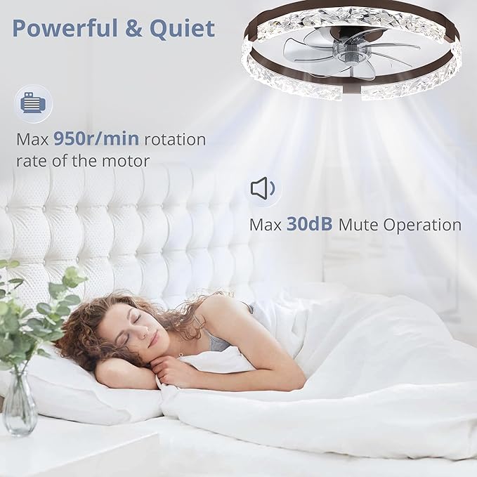 LEDIARY 2 Pack 20 Inch Low Profile Ceiling Fan with Lights and Remote, Dimmable Fandelier Ceiling Fans, Brown Modern Flush Mount Ceiling Fan with 3 Color Temperature Change and 6 Speeds