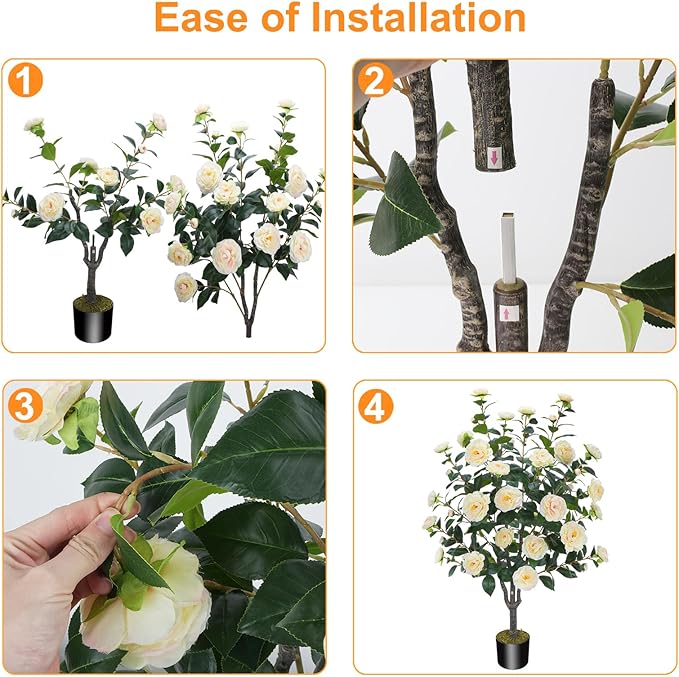 3.6FT Artificial Camellia Fake Tree, Artificial Plants & Flowers with 32 Yellow Pink Flowers for Door Front Decoration Porch Patio Living Room Office Indoor Outdoor Decor (2PCS Contains Dried Moss)