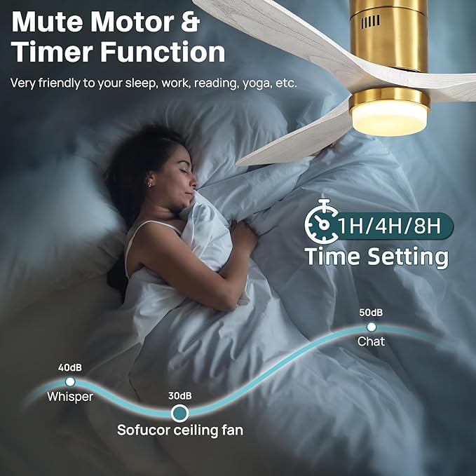 Sofucor Ceiling Fan with Lights-52 Inch Flush Mount Ceiling Fan with Light and Remote Control, Low Profile Wood Blades Modern Outdoor Ceiling Fans for Bedroom/Farmhouse/Patio/Indoor, Quiet DC Motor