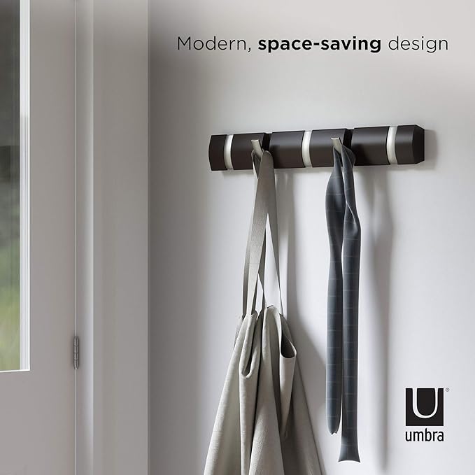 Umbra Flip Wall-Mounted Coat Rack with 5 Hooks – Modern, Space-Saving Storage for Hats, Jackets, Bags, Entryway, Mudroom, Closet, Bathroom, Bedroom – Espresso/Nickel