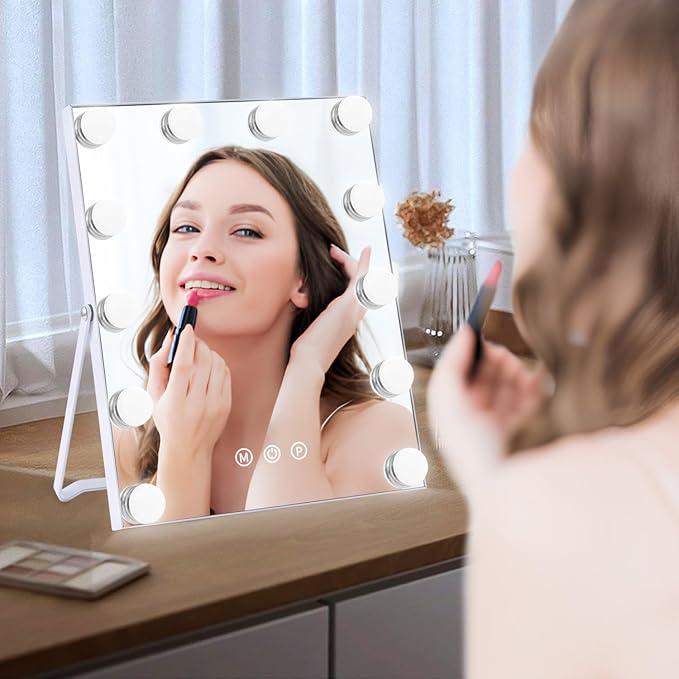 Lighted Makeup Mirror, Hollywood Vanity Mirror with Lights, Makeup Mirror with Lights for Desk, 3 Color Modes and 12 Dimmable Bulbs, Smart Touch Control