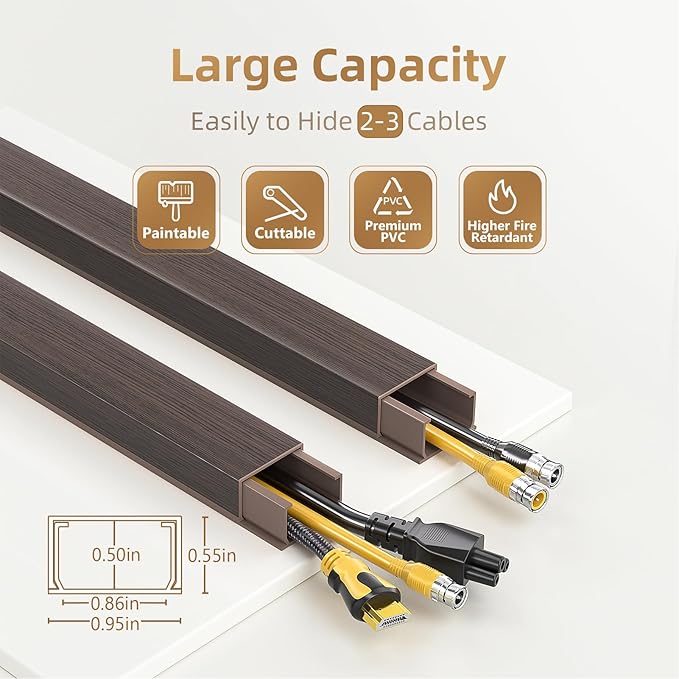 Delamu Cord Hider, 85in Cord Covers for 2-3 Wires on Wall, Self-Adhesive Cable Hider, PVC Wire Hiders Wire Covers for TV Cords on Wall, Easy Mount Cable Cover Raceway Kit, W0.95 H0.55in, Darkwood