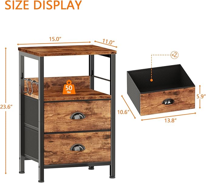 Furologee Nightstand with 2 Fabric Drawers, Night Stand with 2-Tier Shelf, Bedside Table with Hooks, Open Wooden Shelf, End Table for Bedroom, Backboard Design, Metal Frame, Rustic Brown