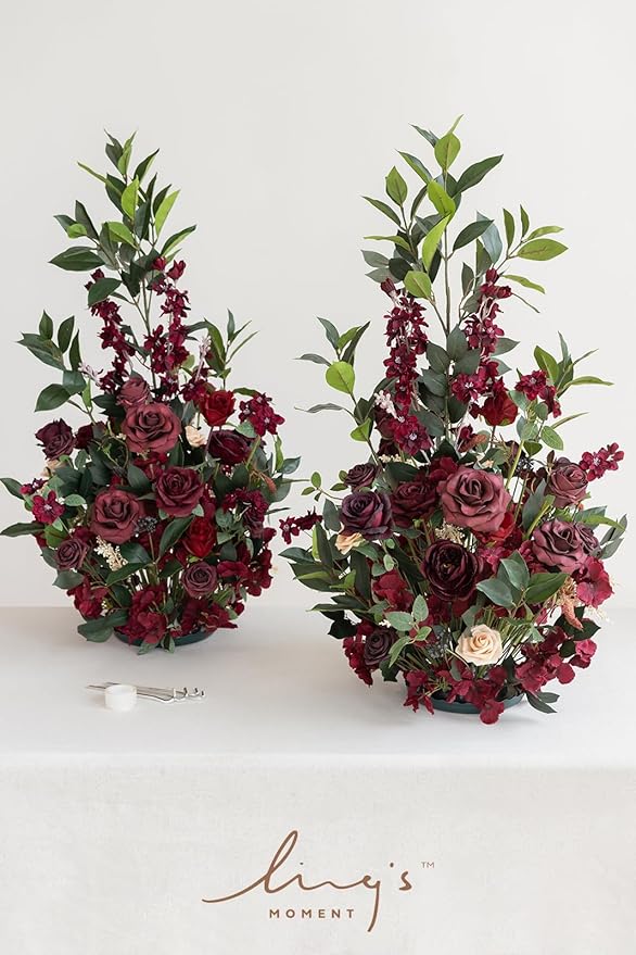Ling's moment 41" Tall Fall Free Standing Artificial Flowers Arrangements 2pcs Wedding Aisle Runner Chair Decoration Fake Bordeaux Red for Arch Entryway Ceremony Reception Church Rose Floral Party