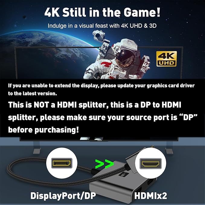 DisplayPort to Dual HDMI Adapter | 4K 60Hz DP Source to HDMI Splitter Extended Display Adapter for Dual Monitors,Display Port Converter for NVIDIA, AMD Graphics Card