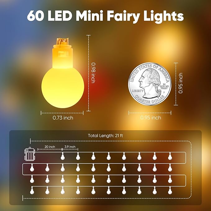 Minetom Battery Operated String Lights, 21FT 60 LED Globe Fairy Lights with Remote, Waterproof Twinkle Lights for Indoor Outdoor Bedroom Classroom Dorm Camping Canopy Wedding Xmas Decor, Warm White