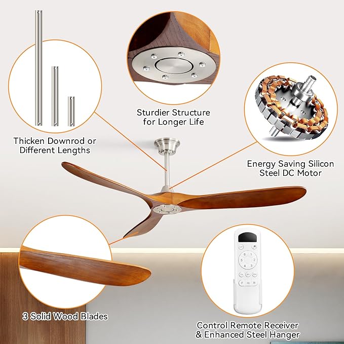 Sofucor 60 Inch Ceiling Fan No Light, Solid Wood Ceiling Fans Without Lights for Indoor/Outdoor, Remote Control, Reversible DC Motor, 3 Blades Modern Ceiling Fans for Patio, Living Room, Farmhouse
