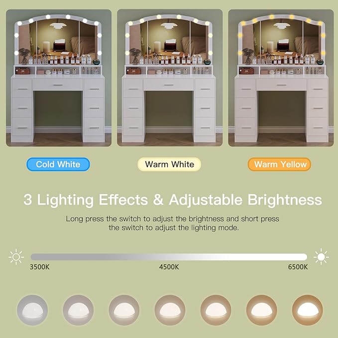 usikey 43.3" Vanity Desk with Large Lighted Mirror, Makeup Vanity Table with 7 Drawers & 10 Lights Bulbs, 3 Lighting Colors, Make Vanity Desk, Vanity Table for Women Girls, White