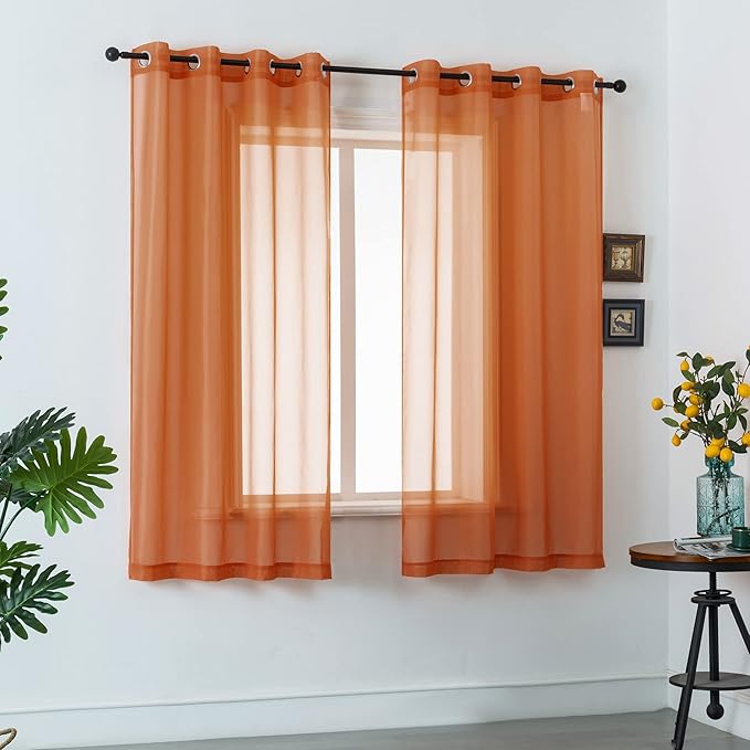 DUALIFE 45 Inch Length Sheer Short Curtains Burnt Orange for Bathroom 2 Panels Set Grommet Transparent Short Curtains for Bedroom Kitchen 52x45 Inches Long Terracotta Rust