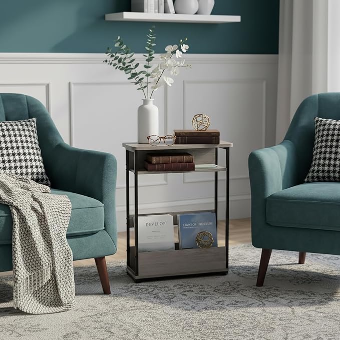 Vintage Narrow Side Table with Storage Shelf, 3 Tier Slim End Table Modern Sofa Table for Narrow and Small Spaces, 24.6 Inch Height Bedside Table Nightstand (Oak, Large)