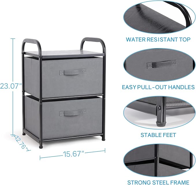 Dresser for Bedroom with 2 Drawers, Wide Chest of Drawers, Fabric Dresser, Storage Organizer Unit with Fabric Bins for Closet, Living Room, Hallway, Nursery, Dark Grey
