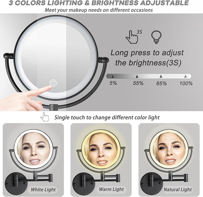 Wall Mounted Makeup Mirror with 3 Color Lights Stepless Dimming, 8" 1X/10X Magnifying LED Two Sided Touch Sensor Extendable Arm 360 Swivel Shaving Light Up Mirror Hardwired for Bathroom, Matte Black