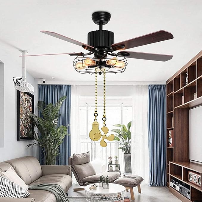 Ceiling Fan Pull Chain Set - 4 Piece Bulb and Fan Pattern Extension Pendant, 12 Inch Extender With Ball Connector (Brass)