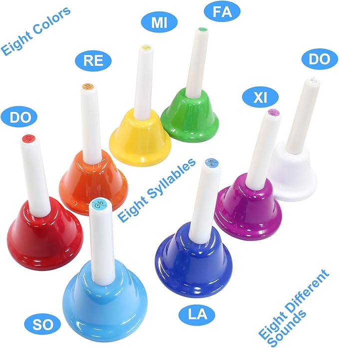 Murtenze 8Pcs Diatonic Colorful Metal Handbells Set, 8 Note Musical Bells for Holiday Birthday Gift Music Teaching(13.5cm x 7.5cm)