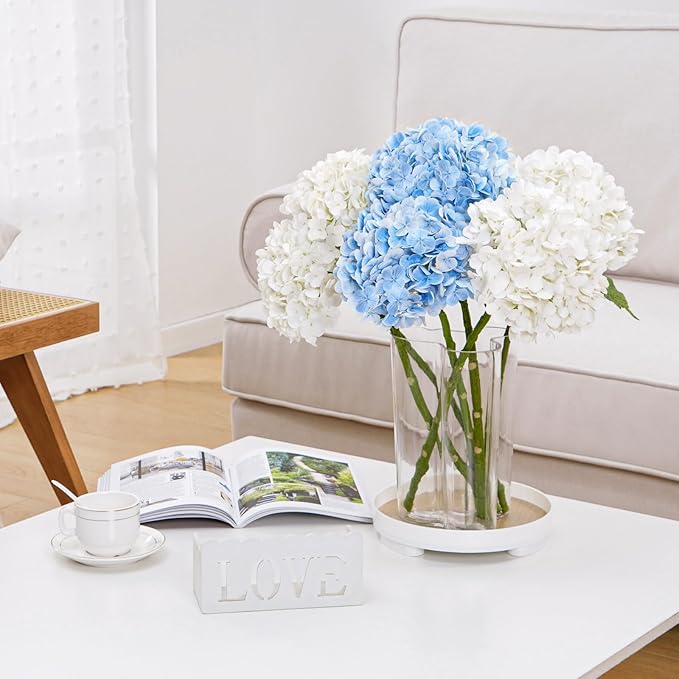 Real Touch Hydrangea Artificial Flowers, 2 Blue & 2 White Real Touch Flowers, 21" Faux Hydrangea Flowers, Fake Hydrangea Flowers for Outdoor Wedding Office Home Decor Table Centerpieces