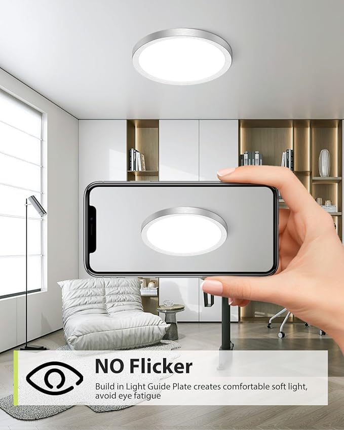 hepside 1PACK Flush Mount LED Ceiling Light Fixture Brushed Nickel, 12Inch 28W, Dimmable 3000K-4500K-6000K 3 Color Selectable Ceiling Lamp 3200LM Low Profile Ceiling Light for Kitchen Bedroom Hallway