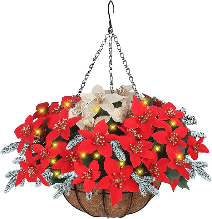 Florielle Artificial Fake Christmas Hanging Flowers Plants Basket with LED Lights, Faux Poinsettia, Pine Branches, for Outdoor New Year Xmas Decoration, Porch Home Holiday Decor (White)