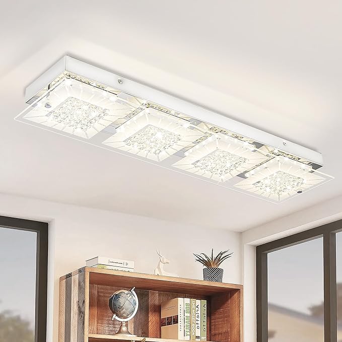 Flush Mount Ceiling Light Crystal Ceiling Light Fixture 24IN Long Rectangle Lighting Fixtures Ceiling Dimmable LED Ceiling Lights for Kitchen, Bathroom, Hallway, Living Room