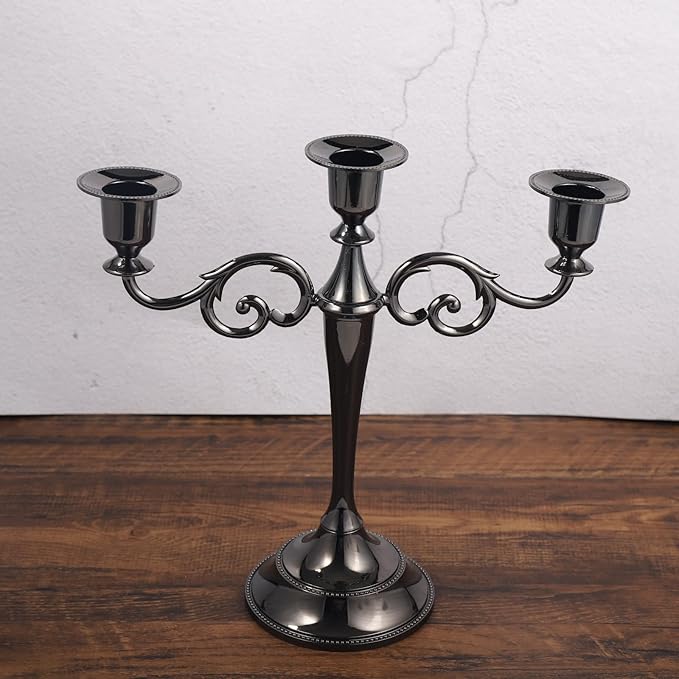 Black Candelabra Candle Holders for Pillar Candles 10.6 inch Tall, 5 Candle Candlestick Holder for 1/2-1 inch Taper Candles Halloween Candelabra Decoration Easy Assembly (Black Glossy-3 Arm)