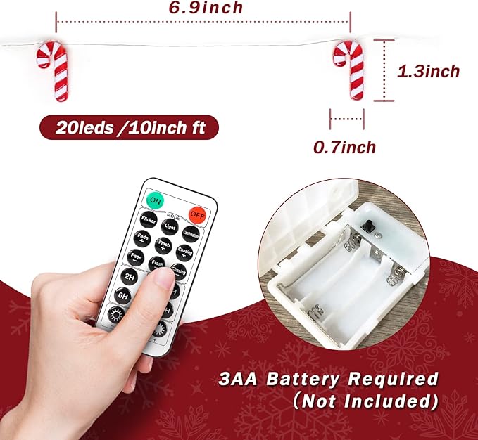Impress Life Holiday Candy Cane String Lights, 10ft 20 LED 3D Plus Twinkle Lights, USB & Battery-Powered with 8 Flicker Modes Remote for Bedroom, Porch, Wedding, Birthday, St. Nikolas Day, Christmas