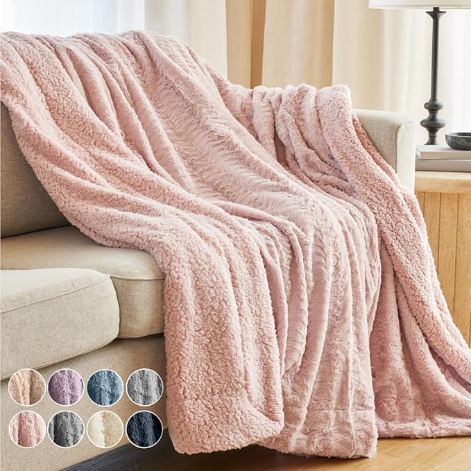 The Connecticut Home Co Bedding Blanket, Twin 80x60, Soft Fluffy Room Decor, Cozy Warm Throws for Bed, Gifts for Women, Bedroom Cute Aesthetic Blankets Faux Fur and Sherpa Dusty Rose