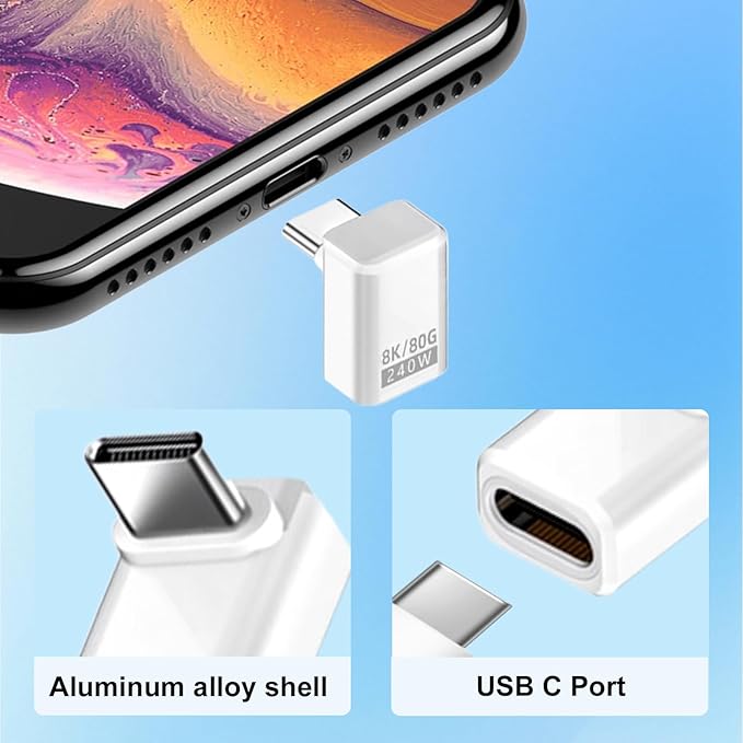 Danfetsoy USB C 90 Degree Adapter 80Gbps, White 90 Degree USB C Adapter 240W, Up Down Angle Male to Female Type C Extender Thunderbolt 5 Connector 8K@60Hz Video for MacBook, Laptop, Tablet, 2pack