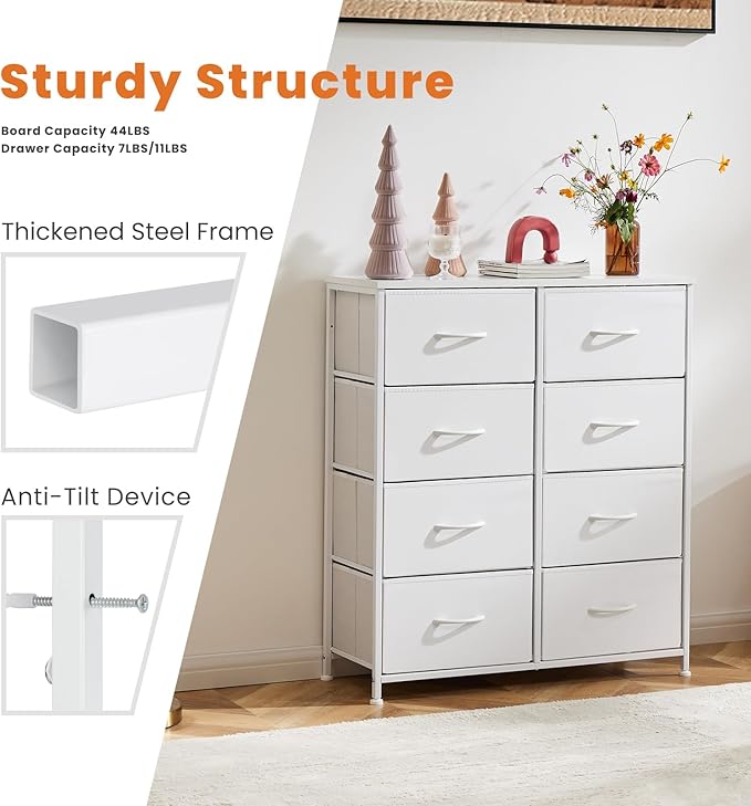 Sweetcrispy Dresser for Bedroom, Chest Organizer Unit with 8 Fabric Bins, Fabric Storage Tower, Drawer Organizer with Steel Frame, Wooden Top for Nursery, Living Room, Closet
