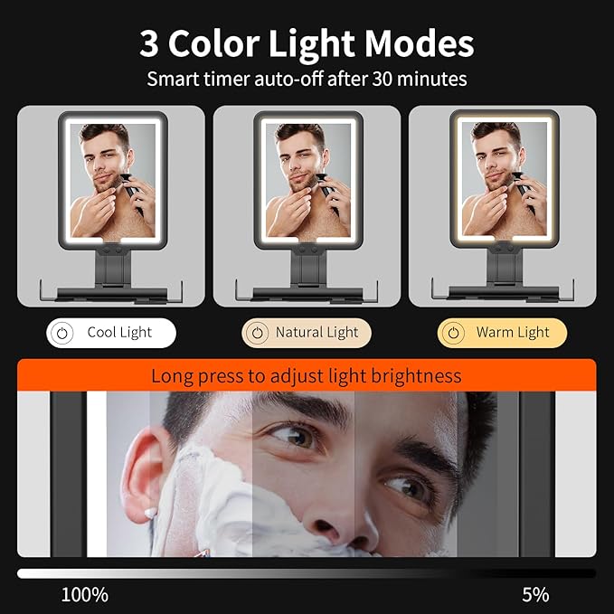 Shower Mirror Fogless for Shaving, Heated Shower Mirror with 3 Color Lights Dimming 9.5*8inch Shower Shaving Mirror, Lighted Shower Mirror Large Antifog Shaving Mirror with Storage Tray & Razor Holder