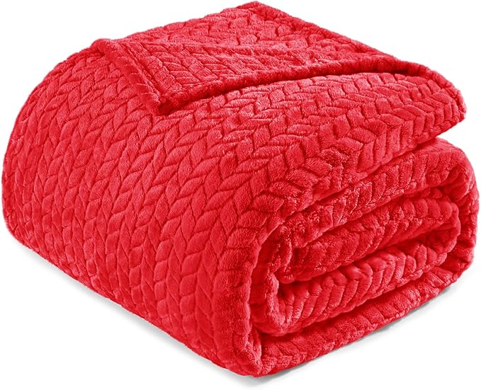Exclusivo Mezcla Fleece Twin Size Blanket for Bed, 90x66 Inches Soft Cozy Jacquard Flannel Blankets, Lightweight Fuzzy Plush Warm for Winter, Red