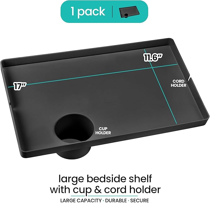 Modern Innovations Large Black Bedside Shelf for Bed, 1 Count Clip On Nightstand with Cup Holder and Cord Holder, College Dorm Bunk Bed Shelf for Top Bunk or Kids Bedroom