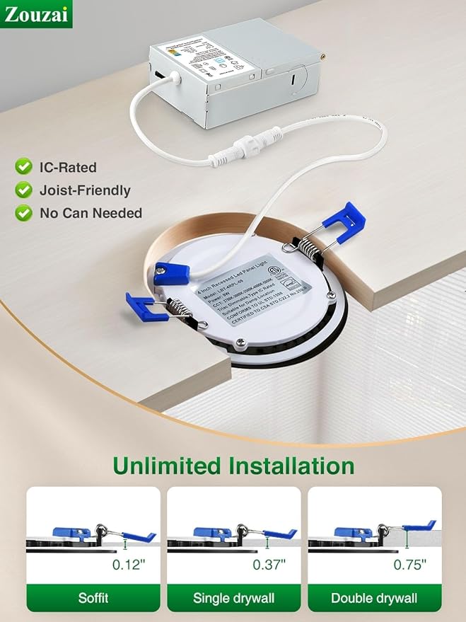 zouzai 12 Pack 8 inch 18W Eqv 150W 1685LM 5CCT Ultra-Thin LED Recessed Ceiling Light with Junction Box, 2700K/3000K/3500K/4000K/5000K Selectable,Dimmable 5%-100% - ETL and Energy Star Certified