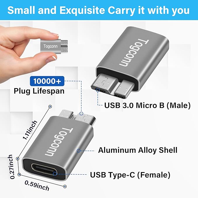 Micro B to USB C 3.1 Adapter 2 Pack, USB Type-C (Female) to Micro B (Male) High Speed Hard Drive Converter Connector Compatible with Seagate, WD, Toshiba, Westgate, Samsung Galaxy S5/Note 3, LaCie
