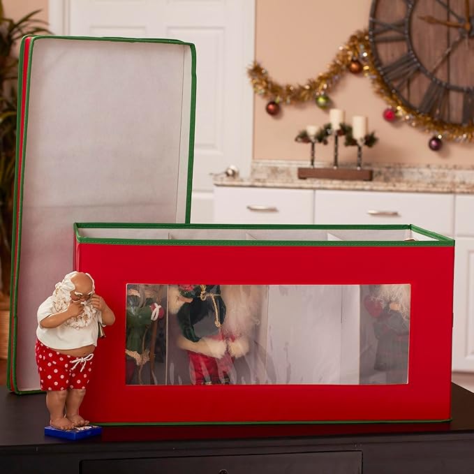 Household Essentials Holiday Figurine Storage Box, Windowed Storage with Lid, 8 Storage Compartments, Double Handles, Red with Green Trim