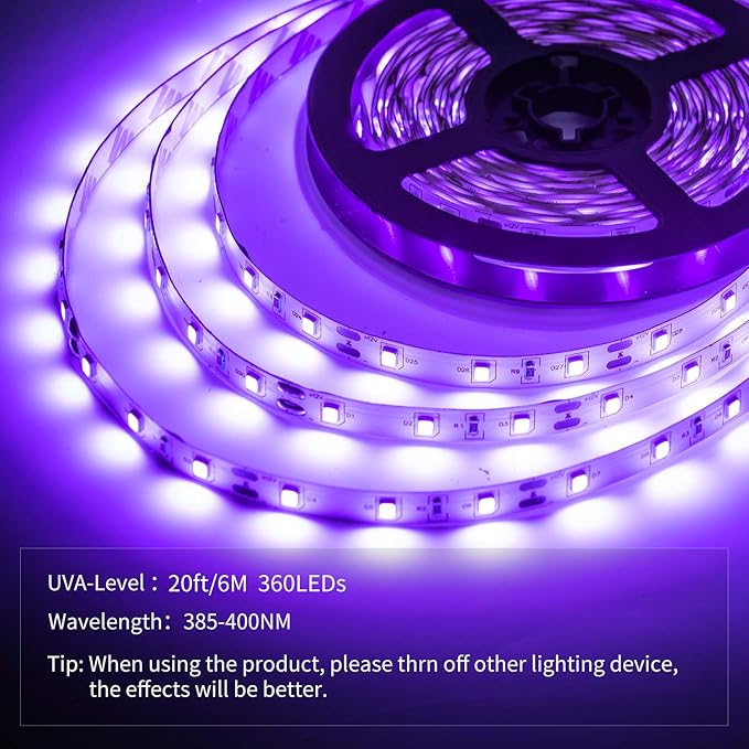 20ft LED Black Light Strip Kit,360 Units,12V Flexible Blacklight Fixtures, 6m LED Ribbon for Indoor Home Bedroom Decoration Fluorescent Dance Party,Non-Waterproof