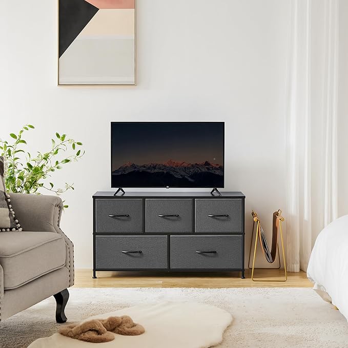 OLIXIS Dresser for Bedroom with 5 Drawers, Wide Chest of Drawers, Fabric Bedroom Dresser with Drawer Organizers, Storage Organizer Unit with Fabric Bins for Closet, Living Room, Hallway