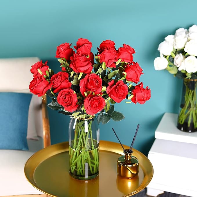 JUSTOYOU 8PCS Red Roses Artificial Flowers Realistic Long Stem Fake Roses Bouquet, Faux Silk Flowers for DIY Bouquets Wedding Centerpieces Arrangements Home Party Decor