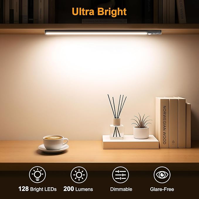 Gritin 14.7inch Under Cabinet Lighting Rechargeable - 128 LED Super Bright, 3-Color&5 Level Brightness, 4 Modes, Motion Sensor, Long Lasting-Easy Installation Magnetic Closet Lights - 2 Pack-Black