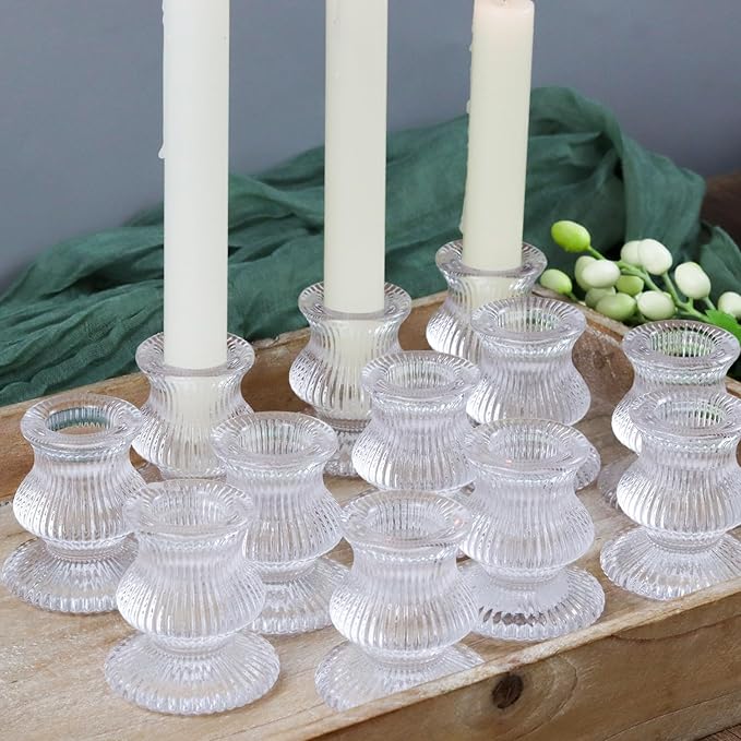WDHODEC Clear Glass Candlestick Holders 12PCS Taper Candle Holders for Table Centerpiece Colorful Candle Sticks for Wedding, Party and Festival Decoration