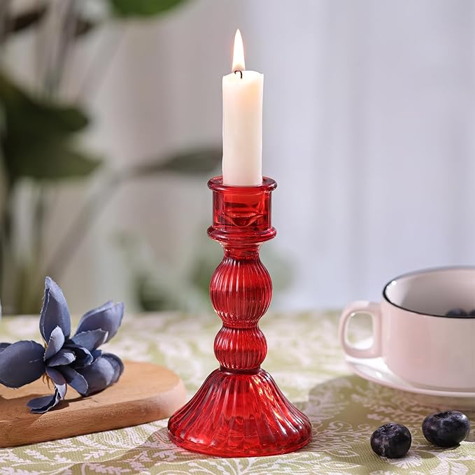 DARJEN 2 Pcs Red Taper Candle Holder - Vertical Stripe Glass Candle Holders for Taper and Votive Candles, Candlestick Holders for Various Activities, Home and Festival Decoration