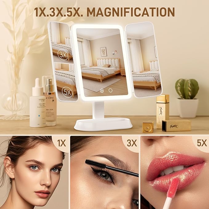 Vanity Mirror with Lights - Rechargeable Lighted Makeup Mirror | 1X/3X/5X Magnification, Smart Touch, 3 Colors Dimmable | Portable Trifold Mirror for Travel for Women and Girls