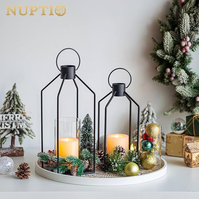 Nuptio Decorative Lantern Candle Holder: 2 Pcs Glass Hurricane Pillar Candles Holders Rustic Black Metal Hanging Lanterns Decor for Outdoor Wedding Farmhouse Home Fireplace Christmas Halloween