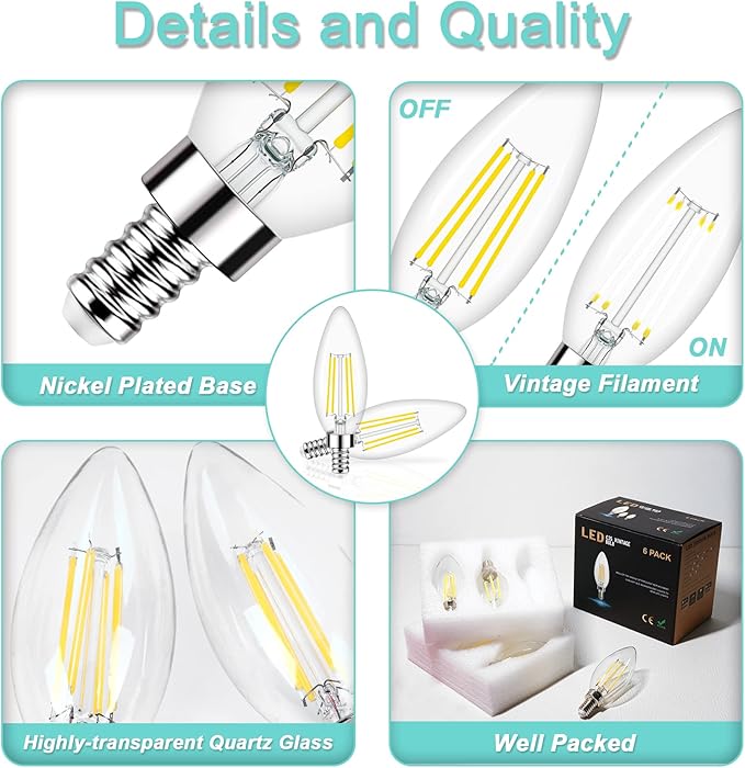 Honesorn E12 Led Bulbs, 4W(60W Equivalent Candelabra Led Light Bulbs, 4000K Natural White Chandelier Light Bulbs, 600LM Clear Glass C35 Light Bulbs with Filament, Dimmable Candle Light Bulbs Pack of 6