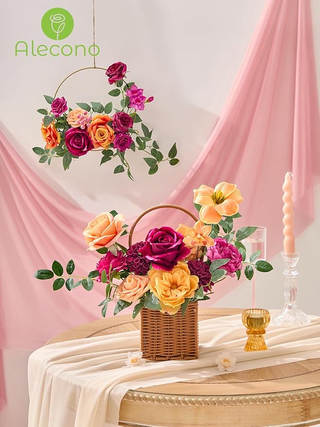 Alecono Artificial Flowers, Hot Pink and Orange Silk Fake Flowers for DIY Wedding Bridal Bouquets, Wedding Cake Flowers for Table Centerpieces Party Home Decorations