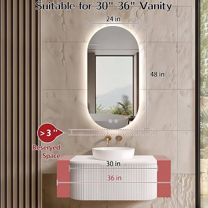48"x24" Oval Led Mirror for Bathroom, Frameless Vanity Mirror with Lights, Modern Lighted Bathroom Mirror Wall Mounted, Anti Fog Smart Mirror with 3 Colors Dimmable, Vertical/Horizontal