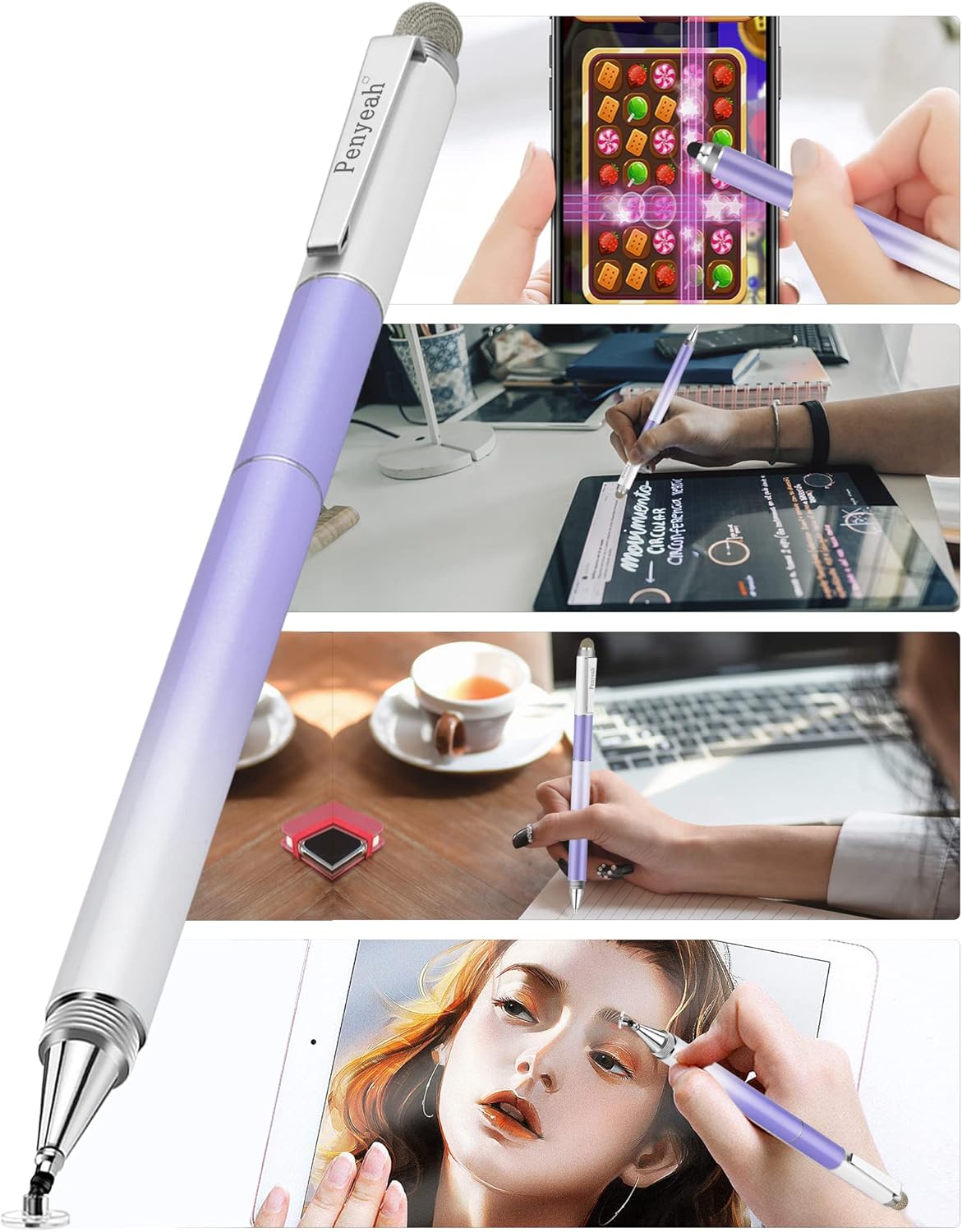 Penyeah Stylus Pen - 4 in 1 Universal Touch Screen Disc Tip/Mesh & Rubber Tip for iPad/iPhone/Android - Dream Purple