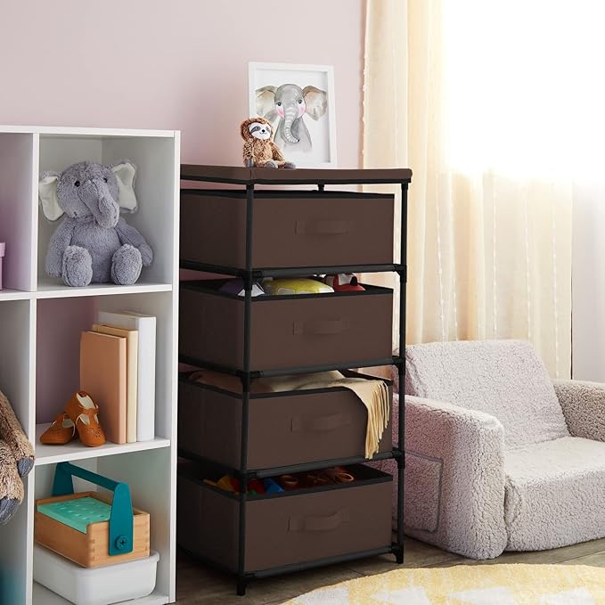 Juvale 4-Tier Closet Organizers & Storage Dresser - 16.5 in L x 13 in W x 33 in H, Dark Brown, Modern - Fabric Drawers for Bedroom Storage & Closet - Metal Frame Clothes Dresser for Narrow Spaces