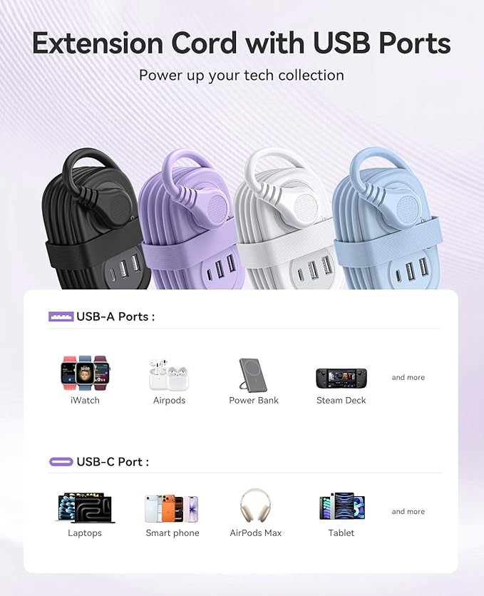 ORICO Pocket Power Strip for Travel, 5 in 1 Extension Cord with 2 AC Outlets 2 USB-A and 1 USB-C Ports, 3.7 ft Flat Plug Wrapped Around Power Strip for Cruise Office, Hotel, Home- AP3