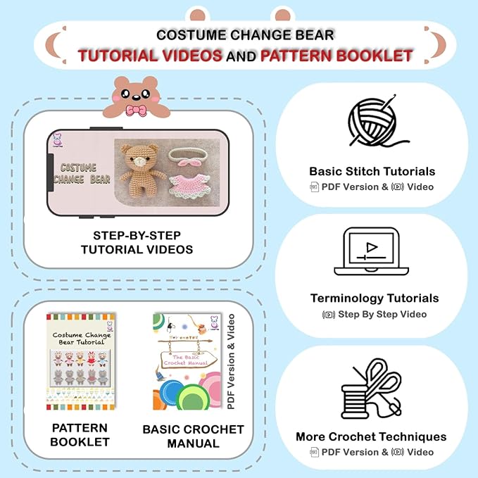 LoopMap Crochet Kit for Beginners - DIY Amigurumi Bear with Removable Dress & Accessories - Step-by-Step Video Tutorials, Extra Yarn, Crochet Tools, Handmade Gift for Kids & Adults (Bear K01, Blue)