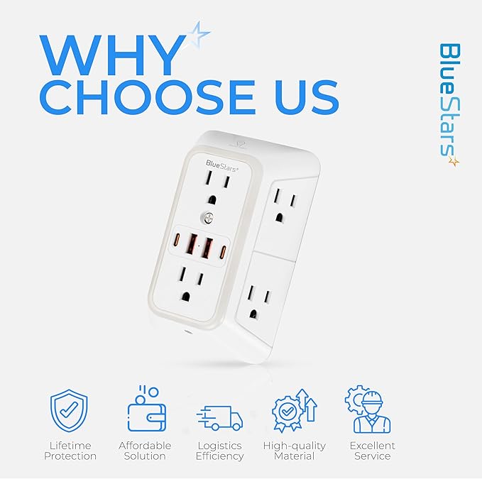 Wall Mount Power Strips Wall Charger 6 Outlet Extender 4 USB Ports (5V, 2.4A, 12W) and Night Light 3-Sided Power Strip with Adapter Spaced Outlets - Multi Plug Outlet Surge Protector for Home Office