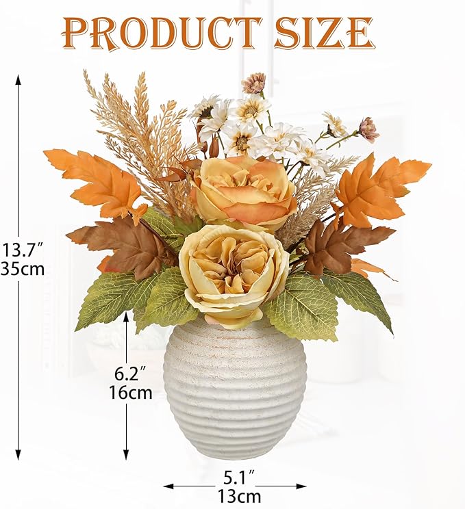 Artificial Fall Floral Centerpiece with Vase, Fake Flowers for Autumn Table Decorations, Silk Rose & Maple Leaves Arrangement, Rustic Cement Vase Harvest Decor for Dining Table, Kitchen, Living Room
